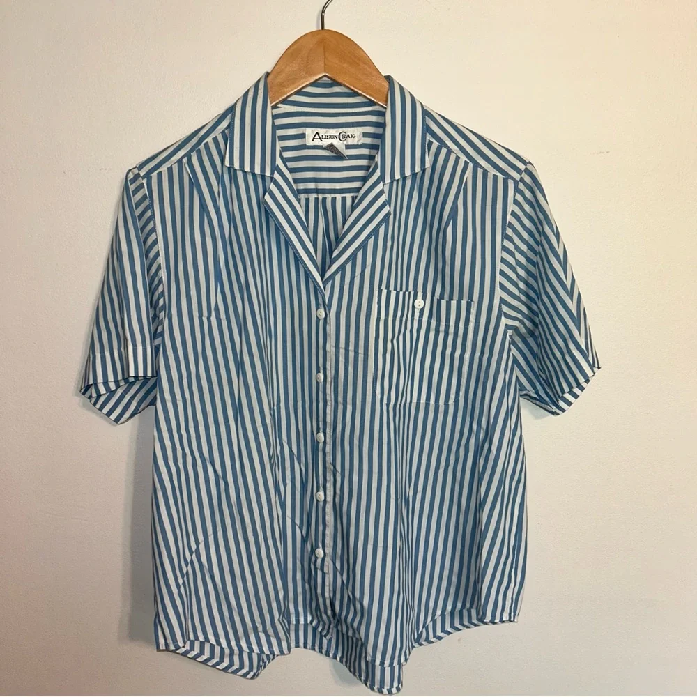 VTG Alison Craig Blue White Stripe Nautical Button Down Top Size 16